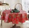 Red Golden Holly and Berry Christmas Vinyl Flannel Backed Tablecloth - Red Metallic Gold Holly Holiday Print Wipe Clean Easy Care Kitchen, Dining Room Tablecloth, 70” Round